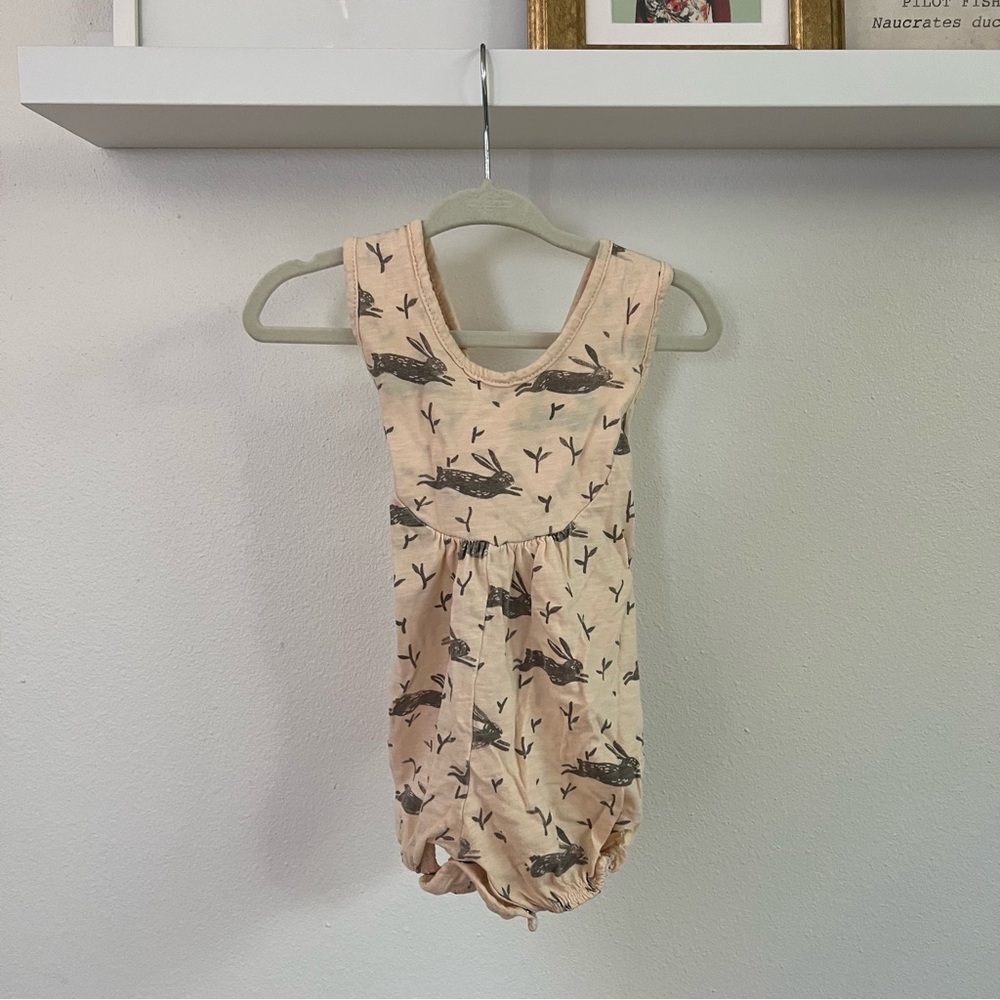 Rylee+ Cru peachy cream onesie with grey bunnies